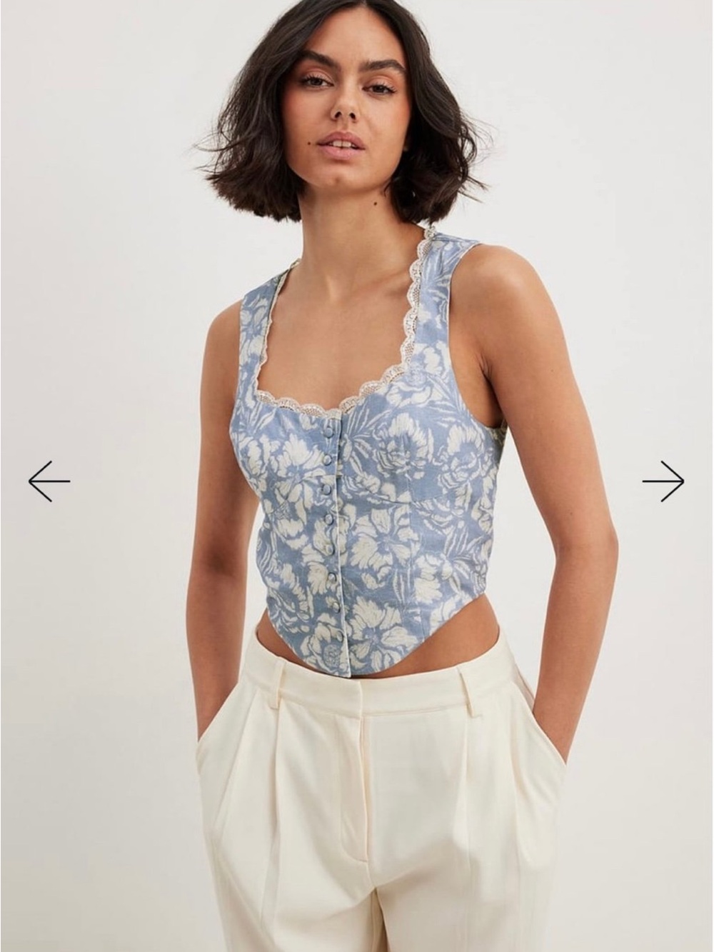 Blue Floral Lace-Trim Corset Top